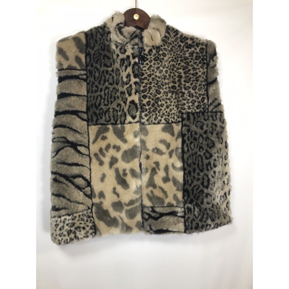 Frankly My Dear US Faux Fur Vest Small Brown Black Zip Vintage size Large - Picture 1 of 8